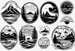 mountains, beach, waves, sunset, camping, trees tattoo idea
