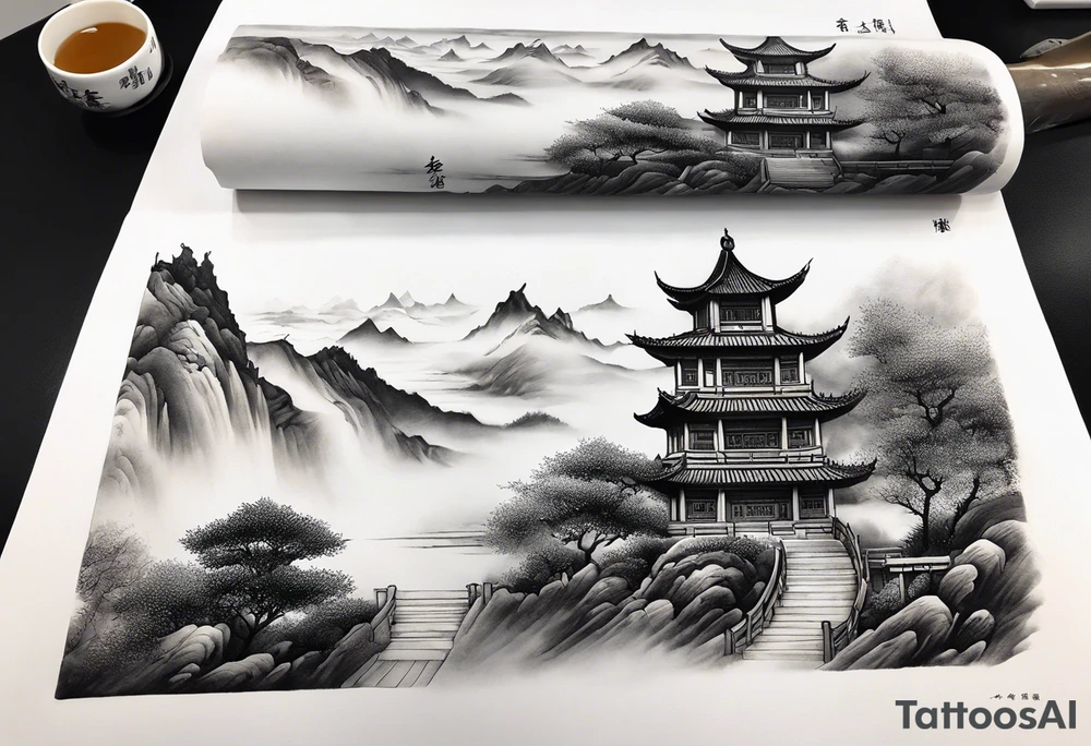 forearm sleeve traditional chinese art painting style autumn mountains mist fog water Chinese temple 2 male monks wearing robes  drinking tea tattoo idea