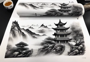 forearm sleeve traditional chinese art painting style autumn mountains mist fog water Chinese temple 2 male monks wearing robes  drinking tea tattoo idea