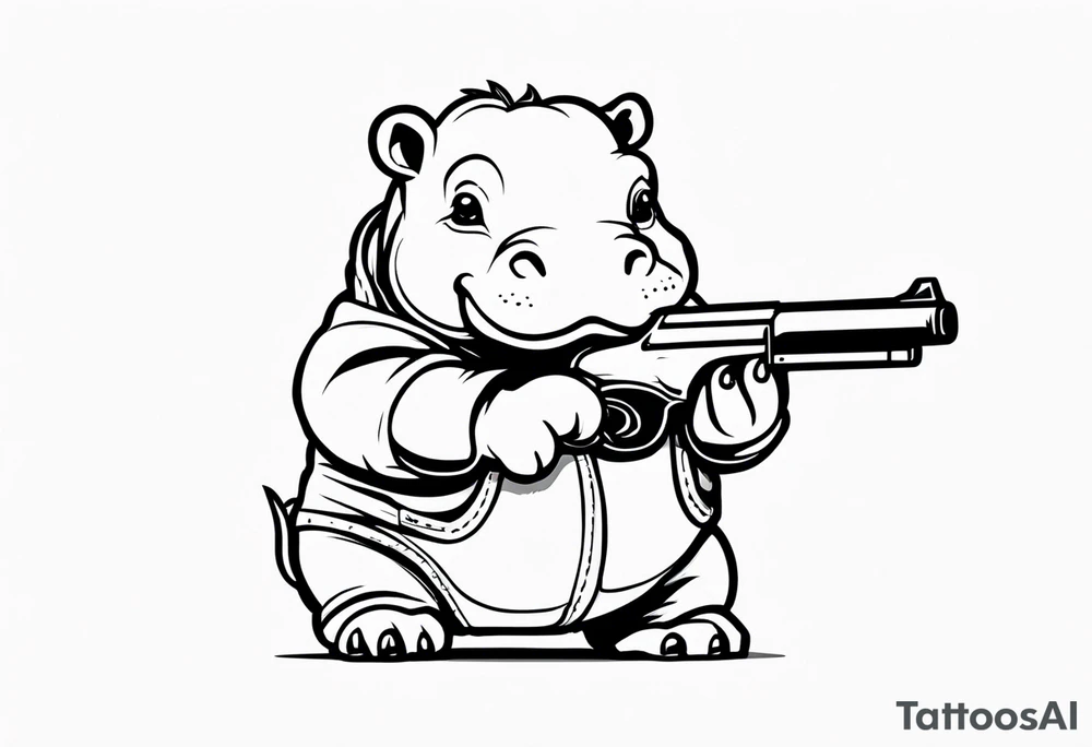 Baby hippo wearing overalls and holding a gun tattoo idea
