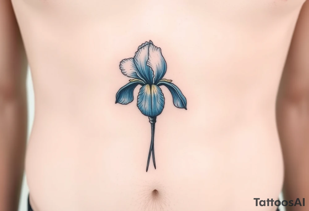 Single blue iris flower in the style of Van Gogh. One petal falling and one upright. On stomach. tattoo idea