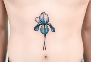 Single blue iris flower in the style of Van Gogh. One petal falling and one upright. On stomach. tattoo idea