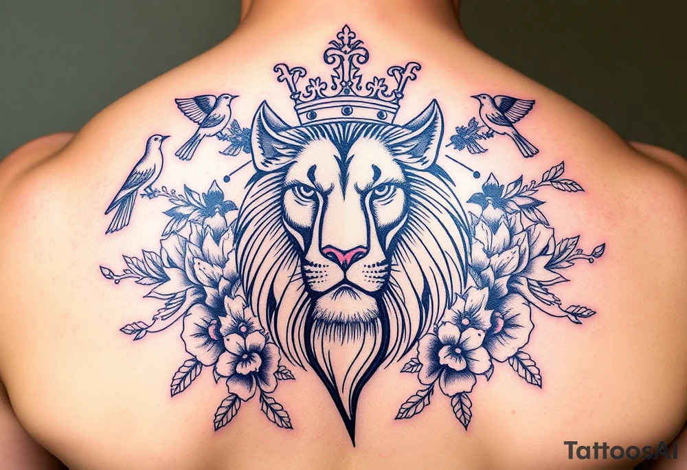 powerful majestic lion with a crown, surrounded by floral ornaments and birds tattoo idea