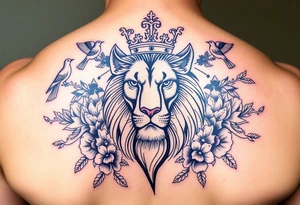 powerful majestic lion with a crown, surrounded by floral ornaments and birds tattoo idea