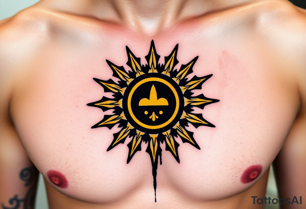 Donbass flag in a circle, colours black and yellow sun. Sun is bleading with blood. 5 cm diameter. Локація: ліва верхня частина грудей, ближче до серця tattoo idea