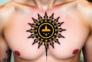 Donbass flag in a circle, colours black and yellow sun. Sun is bleading with blood. 5 cm diameter. Локація: ліва верхня частина грудей, ближче до серця tattoo idea