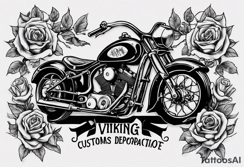 I want a tattoo of an old classic motorcycle  and a skeleton with roses in the back with the name “Viking Customs” incorporated in the design tattoo idea