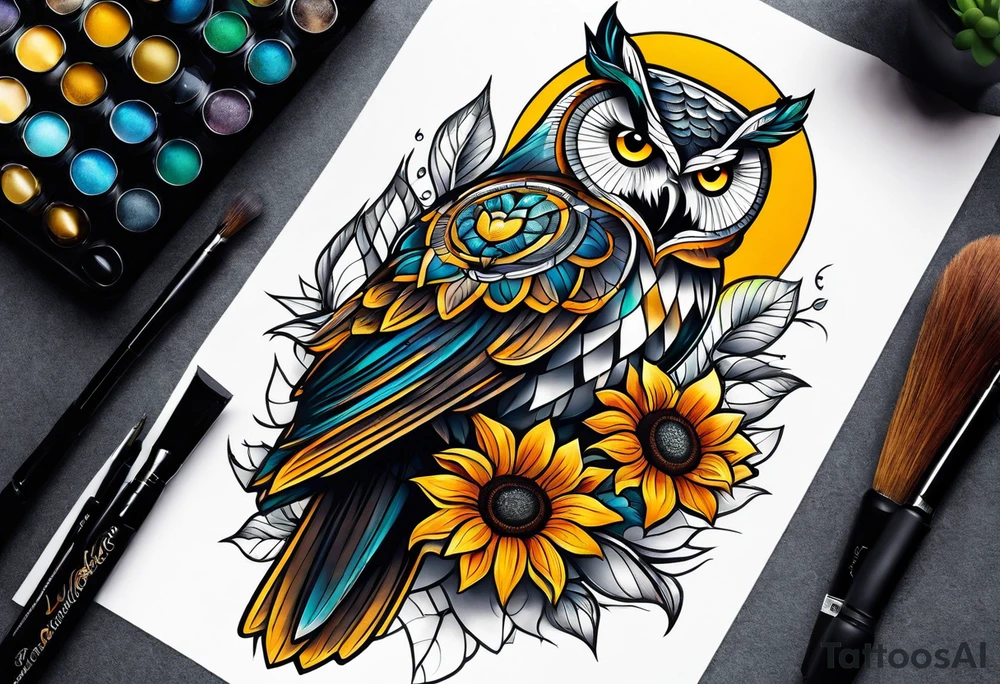Owl and sunflower sleeve tattoo idea