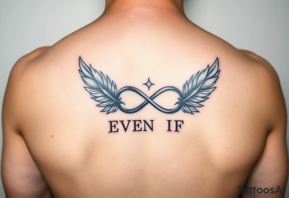 feathers and infinity symbol with words "EVEN IF" tattoo idea