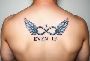 feathers and infinity symbol with words "EVEN IF" tattoo idea
