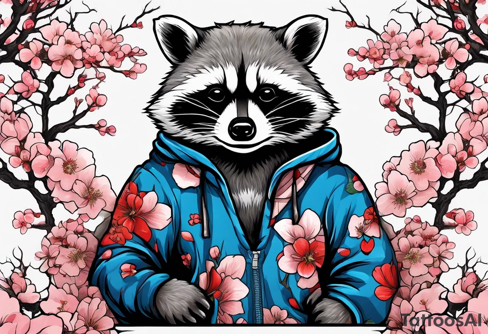 Raccoon wearing a Superman hoodie and Japanese cherry blossoms tattoo idea
