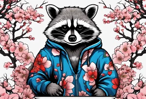 Raccoon wearing a Superman hoodie and Japanese cherry blossoms tattoo idea