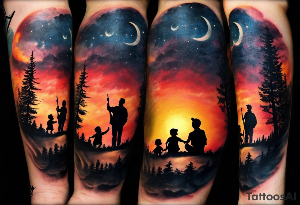Tattoo of a family of four on a male forearm 
- dad, mom and two boys around a campfire.  Background is a sunset at the bottom, night at the top with a big beautiful moon. I would like it to be encased in a circle with the words "All that I need is the air that I breathe, and all that I need are things I don't need, and all that really matters is what matters to me". tattoo idea