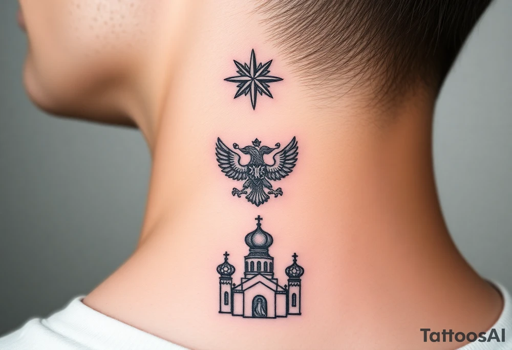 Stacked Vertical Column 

Russian star — small, bold
Middle: Miniature double-headed eagle — simplified, cleaner lines to suit the smaller space
Bottom: Orthodox church dome(s) with a small Virgin Mary silhouette beneath tattoo idea