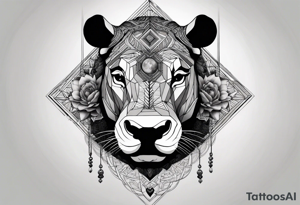 Very asymmetrical, +geometric pattern, with realistic full moon, with hippo at side look, +tribal, +geometric, +inkart , +blackwork, +grey scale, + sketch
with wintersweet flower bud, +inkart touch, +for men, detailed , combined favourite tattoo idea