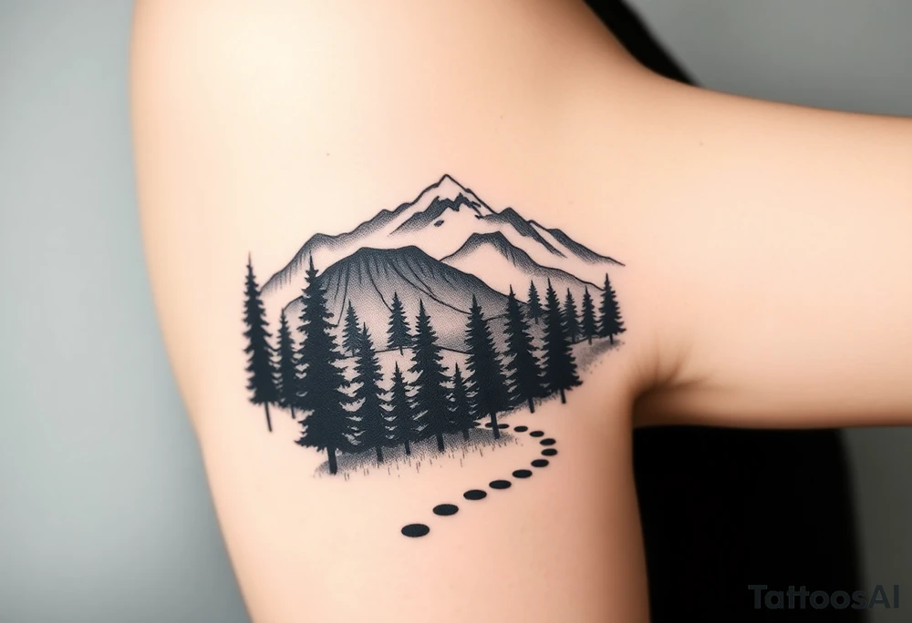 Winding path fading into misty forest, re-emerging toward distant mountains. Dark trees, bright peaks. Black and white, minimalist tattoo idea