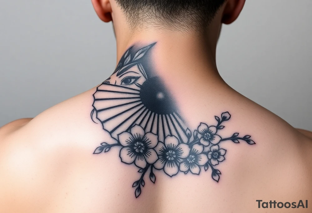 Samurai beauty Asian face and half
 with a fan across her face with cherry blossom tattoo idea