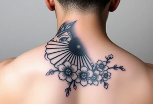 Samurai beauty Asian face and half
 with a fan across her face with cherry blossom tattoo idea