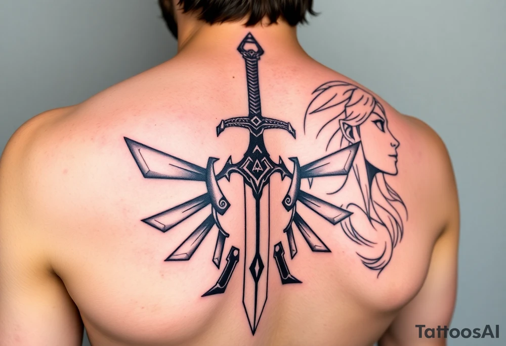 1. Theme: The Legend of Zelda: specifically Link and Zelda
2. Placement: Left Upper Arm
3. Style: Breath of the Wild (in color)
4. Elements to include: Master Sword in center facing up (handle at the bottom), with triforce symbol at the bottom of the blade), Link‘s face on one side, looking away from the sword, Zelda on the other side of the sword, looking in the other direction
5. size: full upper arm covered tattoo idea