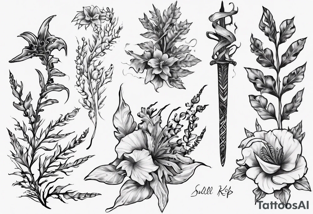 Swordfern, bull kelp and flowers that represent the pacific Northwest tattoo idea