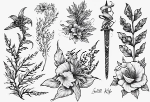 Swordfern, bull kelp and flowers that represent the pacific Northwest tattoo idea