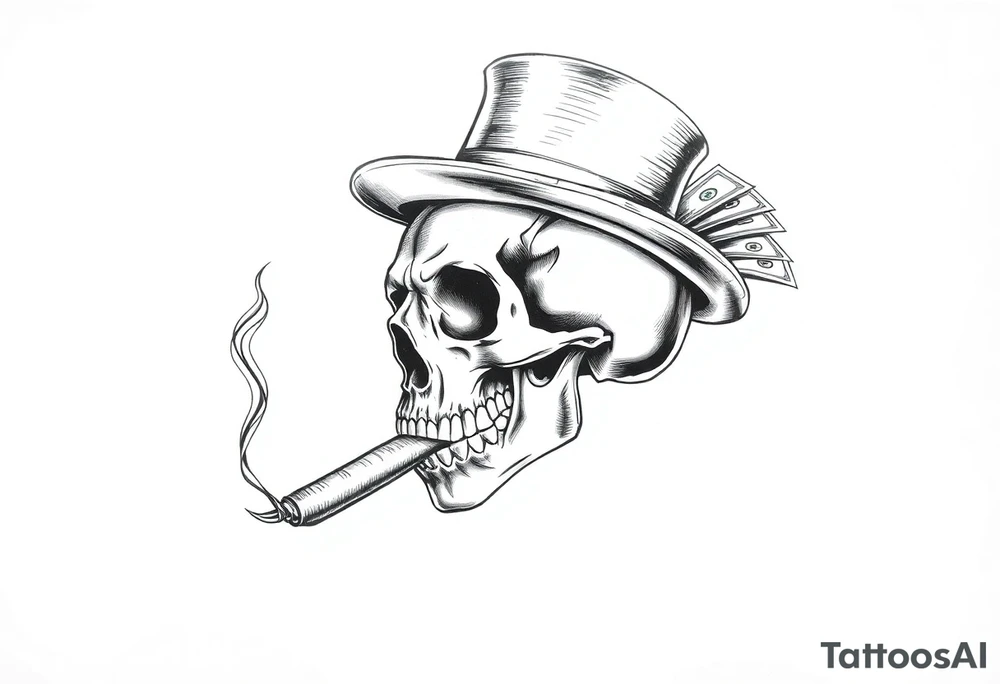 skull with mustache,a big cigar in his mouth,a top-hat on his head and alot of money in a hand. tattoo idea