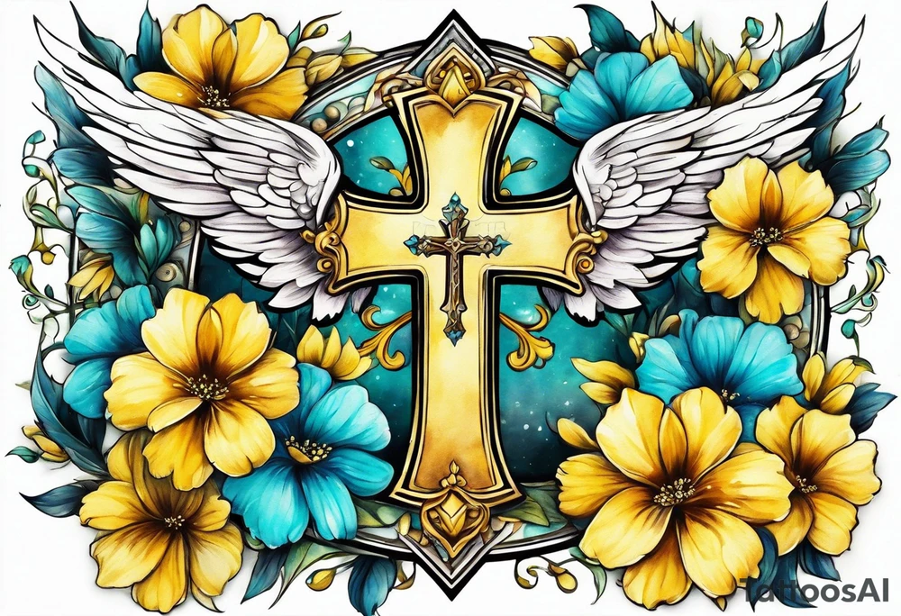 Winged cross surrounded by yellow and aqua flowers tattoo idea