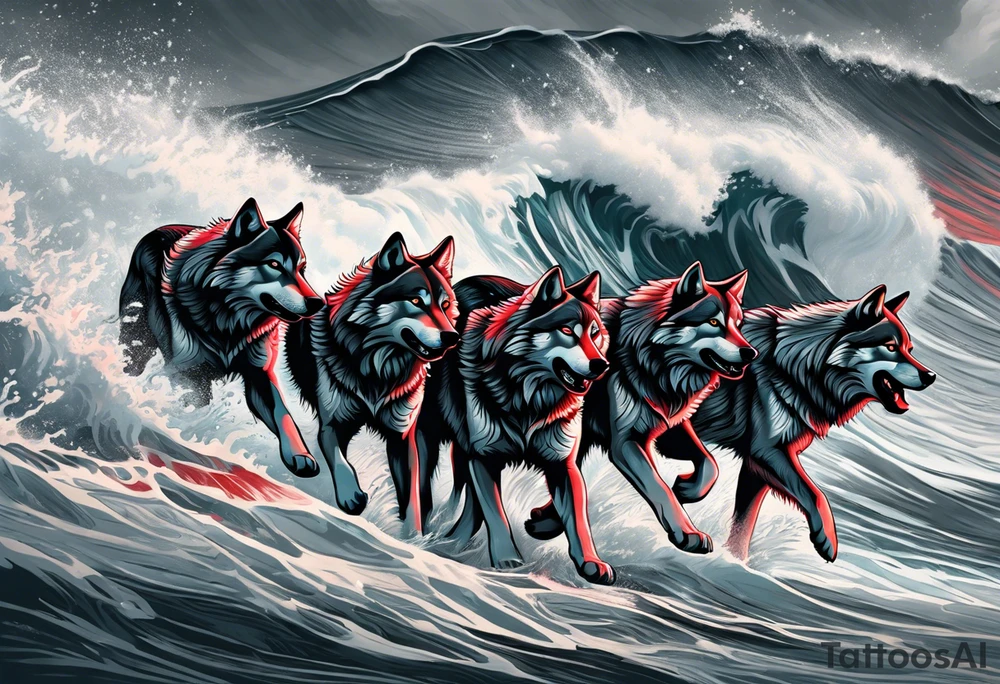 a pack of howling muscular  gray wolves surfing waves with a linear background with red, white and black and gray tattoo idea