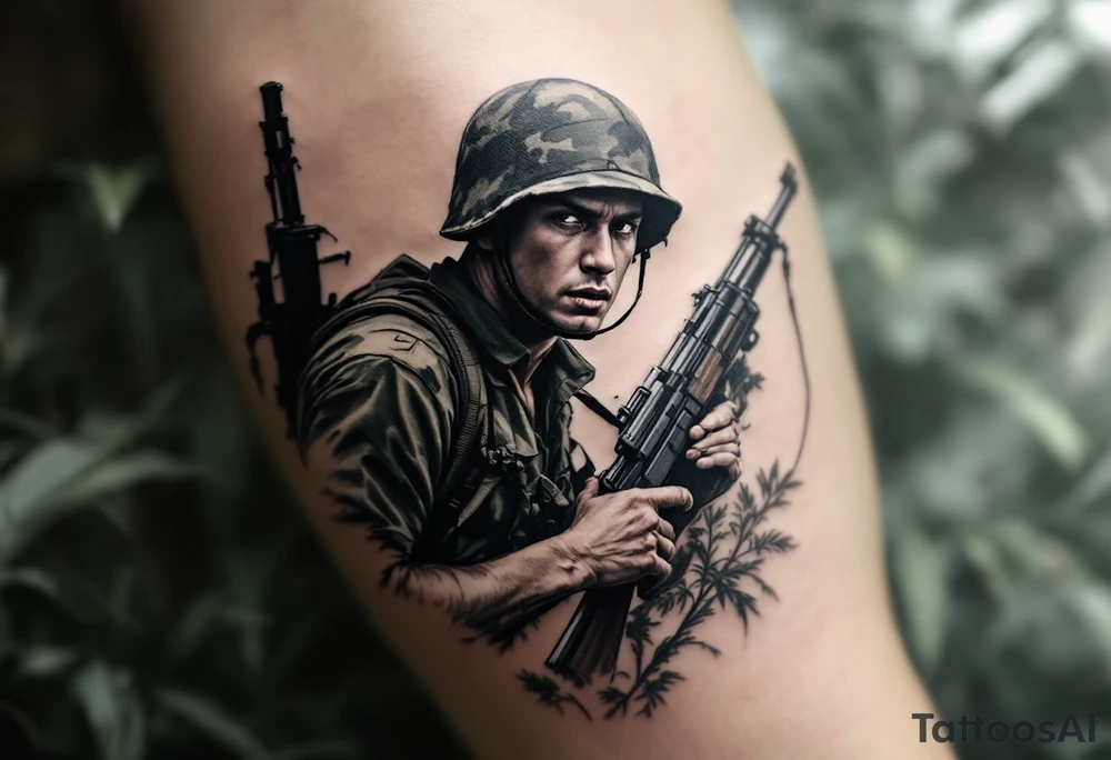 Vietnam War Soldier – A soldier wearing a green jungle camo, carrying a rifle on his back, with a tense expression, moving through thick, foggy vegetation. tattoo idea
