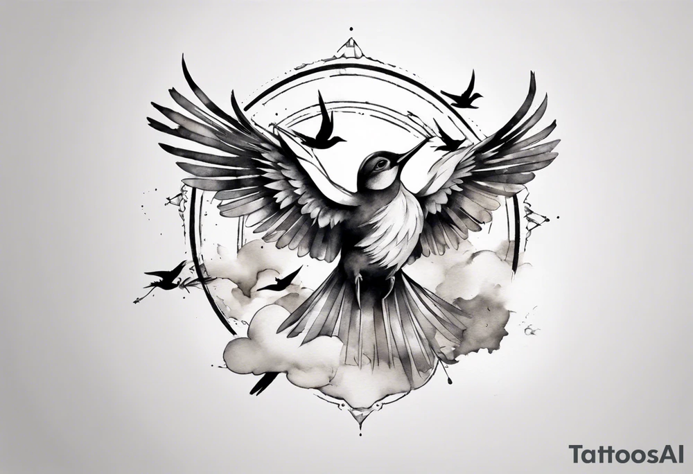 shoulder tattoo with light rays with birds flying free among the clouds, round shape, 3d effect tattoo idea shoulder tattoo with light rays with birds flying free among the clouds, round shape, 3d effect tattoo idea