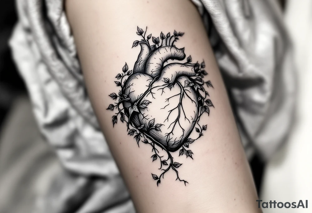 A lifelike heart growing into vines, symbolizing deep emotions and growth. tattoo idea