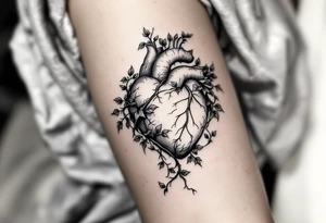 A lifelike heart growing into vines, symbolizing deep emotions and growth. tattoo idea