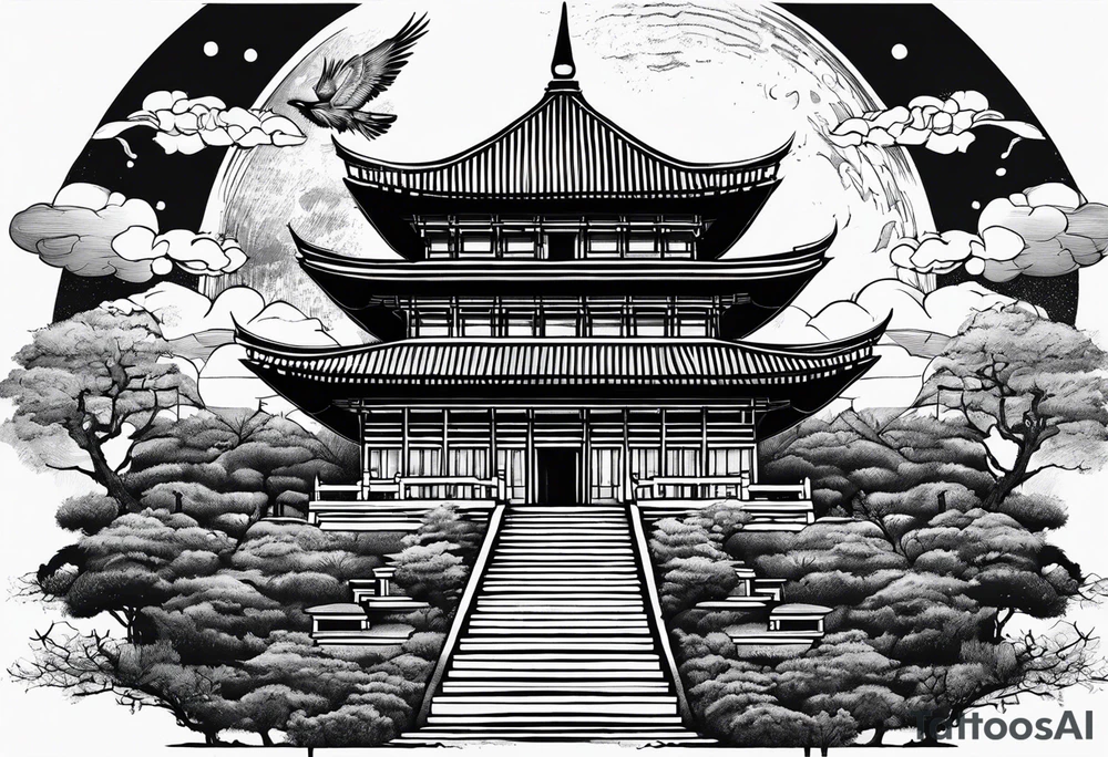Classical temple crow moon ruins tattoo idea