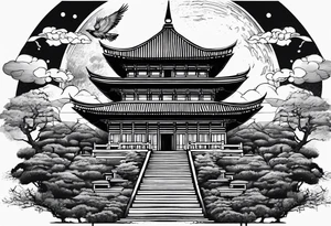 Classical temple crow moon ruins tattoo idea