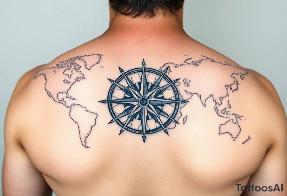 antique compass rose overlaid on weathered world map with sailing ships tattoo idea