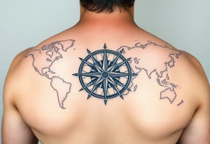 antique compass rose overlaid on weathered world map with sailing ships tattoo idea