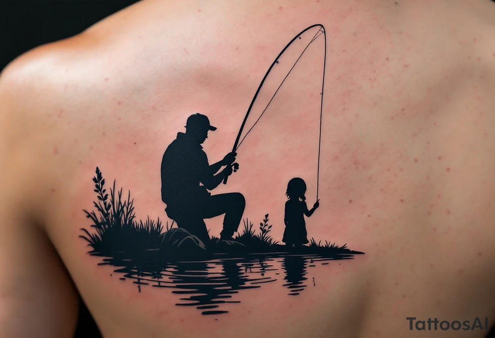 Silhouette of a father and daughter fishing by a lake, with only the rod and ripples drawn in dark navy blue ink. tattoo idea
