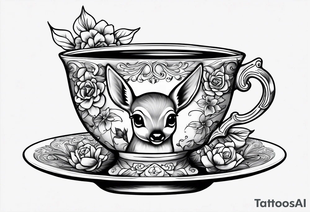a full fawn inside a teacup tattoo idea