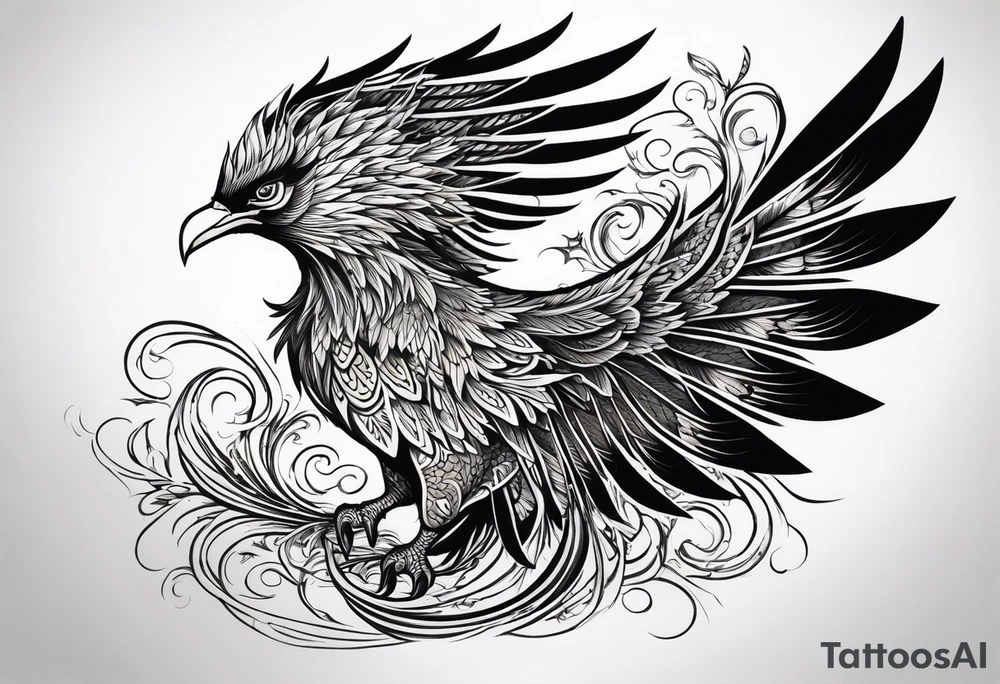 Tattoo: A powerful, majestic phoenix, depicted mid-flight or rising, with wings extended and feathers flowing. Deep shading and intricate details to bring out the texture and motion of the feathers. tattoo idea