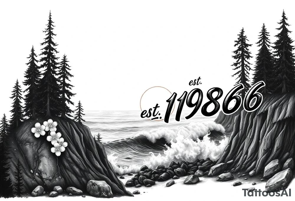 Collage of Redwood forest cliff huge trees campfire smoke and sunset meeting ocean  with huge waves crashing on the rocky shoreline and a night ski with the words "est.1986 nomad life" in graffiti like old English custom letters tattoo idea