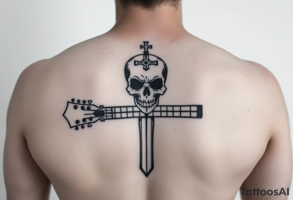 I would like to get a tattoo of a skull and a cross and in a guitar for your upper arm that would be covered with a sleeve and I want it just black and gray tattoo idea
