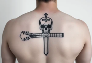 I would like to get a tattoo of a skull and a cross and in a guitar for your upper arm that would be covered with a sleeve and I want it just black and gray tattoo idea