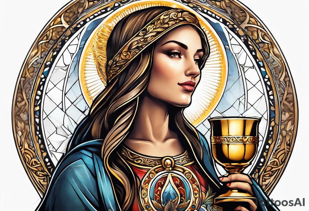 woman saint holding chalice surrounded by golden halo tattoo idea