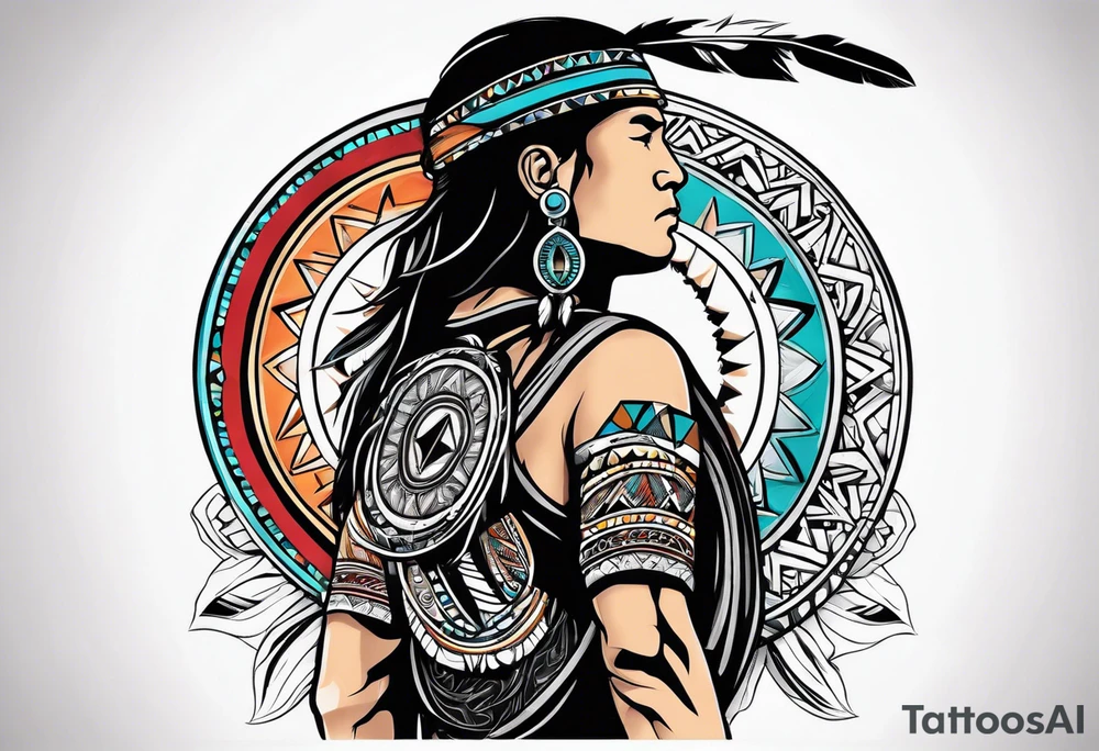 Wrap around arm band with native American style and Aquarius theme tattoo idea