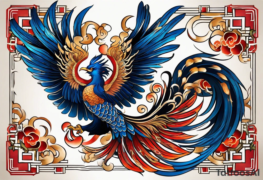 Create an intricate tattoo design of a Japanese phoenix in traditional Irezumi style. The phoenix should have a majestic and dynamic pose, with flowing feathers that exhibit traditional Japanese tattoo patterns. Its skin color should be a rich blue with varying shades, creating a sense of depth and movement. Include traditional Irezumi elements like clouds, waves, and subtle flames, blending them harmoniously with the phoenix. The tattoo should have a dramatic, detailed look with bold outlines and shading. Incorporate the Aquarius symbol discreetly within the design, possibly hidden among the feathers or subtly integrated into the background, to blend seamlessly with the overall artwork. tattoo idea