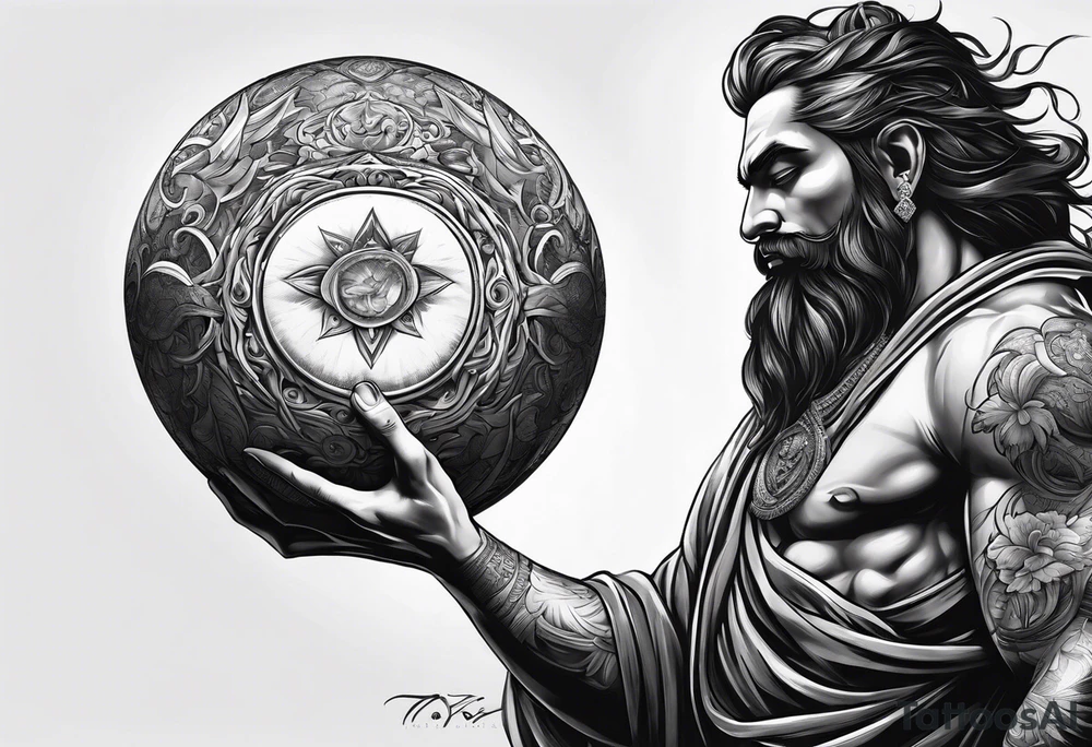 god holding up giant ball tattoo idea