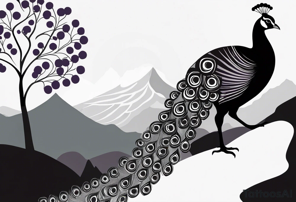 Black and white silhouette illustration of a peacock with a beautifully fanned tail, standing on a rock. The intricate lines of the peacock’s feathers are elegantly arranged, emphasizing the grandeur of its tail. The rock is surrounded by abstract representations of grape leaves. The background features stylized, minimalistic mountain shapes, trees, and distant buildings. The overall scene is enveloped in a foggy atmosphere, with soft, flowing lines to suggest mist and depth. The contrast between the silhouette of the peacock and the misty landscape creates a serene, dreamlike composition. tattoo idea