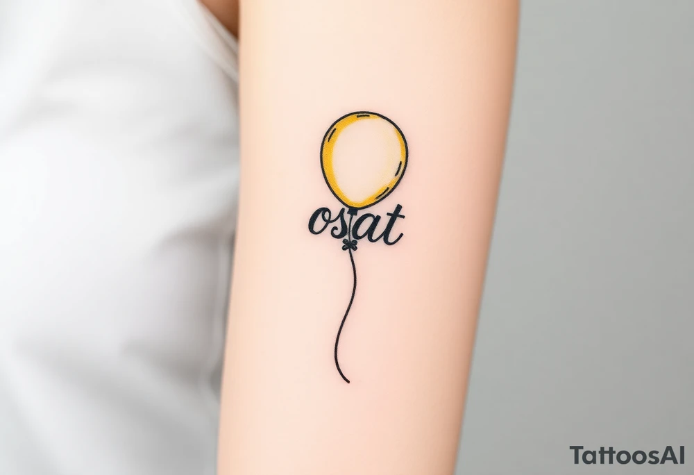 small yellow balloon with letters osaat on bicep tattoo idea