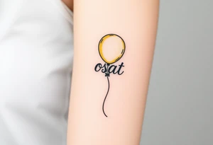 small yellow balloon with letters osaat on bicep tattoo idea