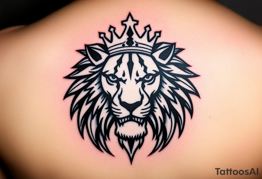 a powerful and majestic lion with a crown and in the middle of this crown tattoo idea